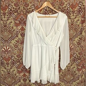 ALTAR’D STATE M white dress with rufffle skirt and tie cinched waist in EUC